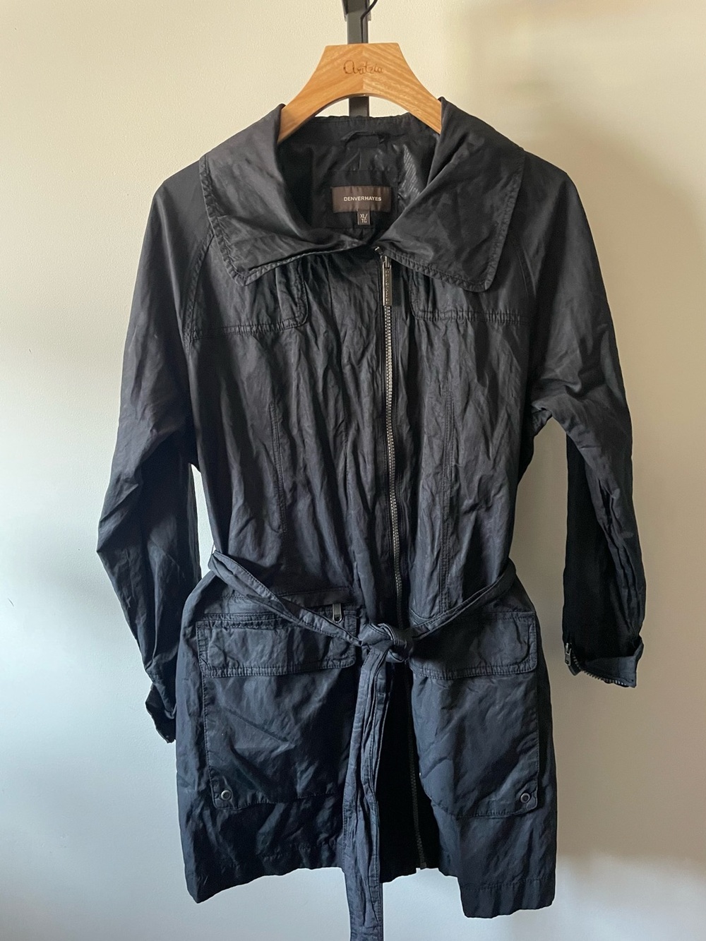 Y2K Vintage Denver Hayes Belted Utility Trench Coat Rain Jacket Sheen Black XL